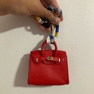 Mini Bright Red and Gold Hardware Turnlock Keychain Bag Charm with Twilly